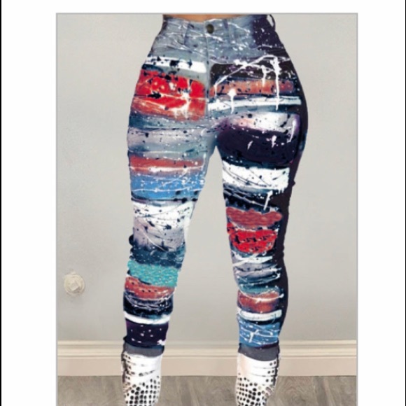 Pants - BLUE PRINT JEGGING LIKE PANTS, HIGH WAIST, ZIPPER.